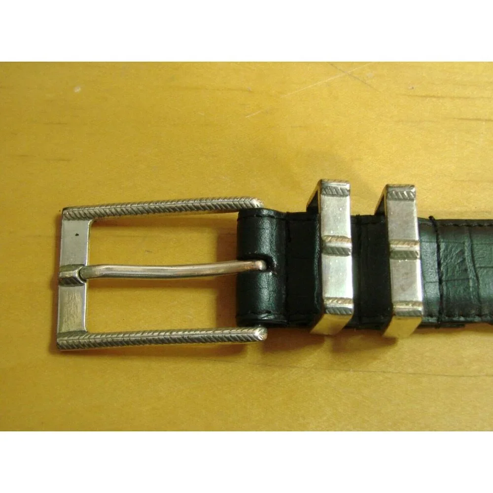 Mens 42 Black Imported Italian Embossed Leather Dress Belt Ornate Silver Buckle